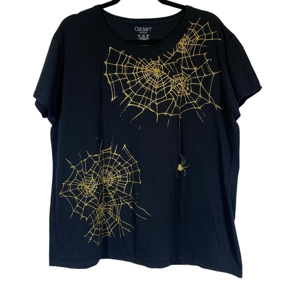 Gold glitter spiderweb on Black tee Halloween women's plus 2XL Gilden Softside - Picture 1 of 6